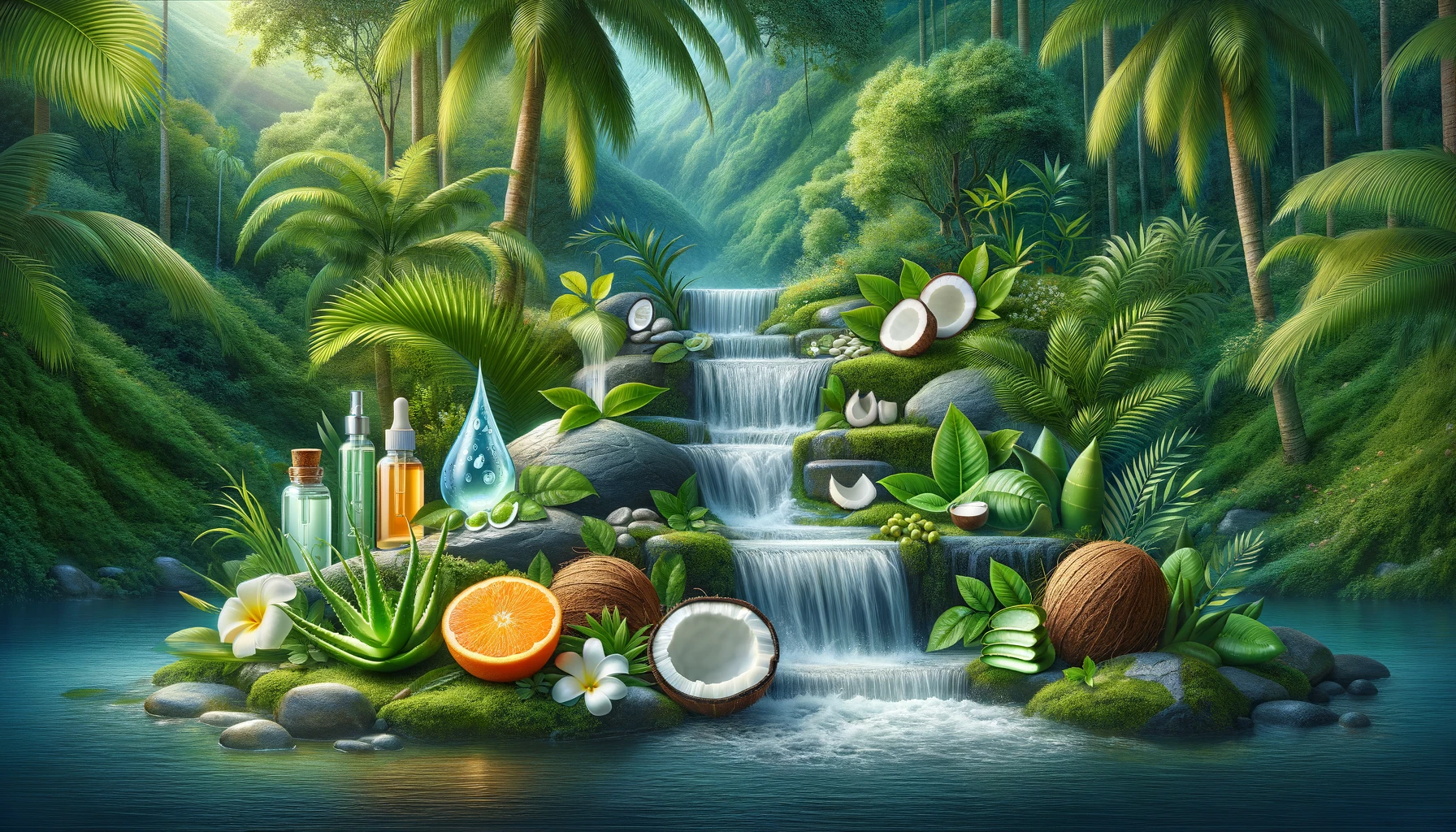 a natural setting that embodies the calming and healing properties of the skincare ingredients. It features a flowing waterfall, greenery, and representations of the key ingredients.