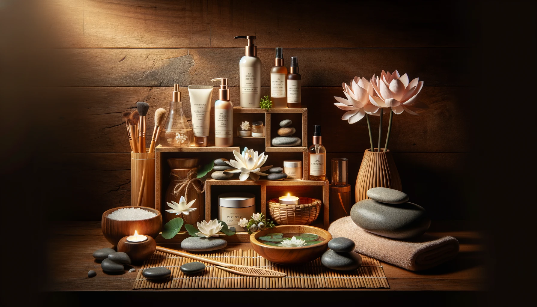 a spa environment featuring a wooden shelf filled with skincare essentials aimed at promoting skin hydration. 