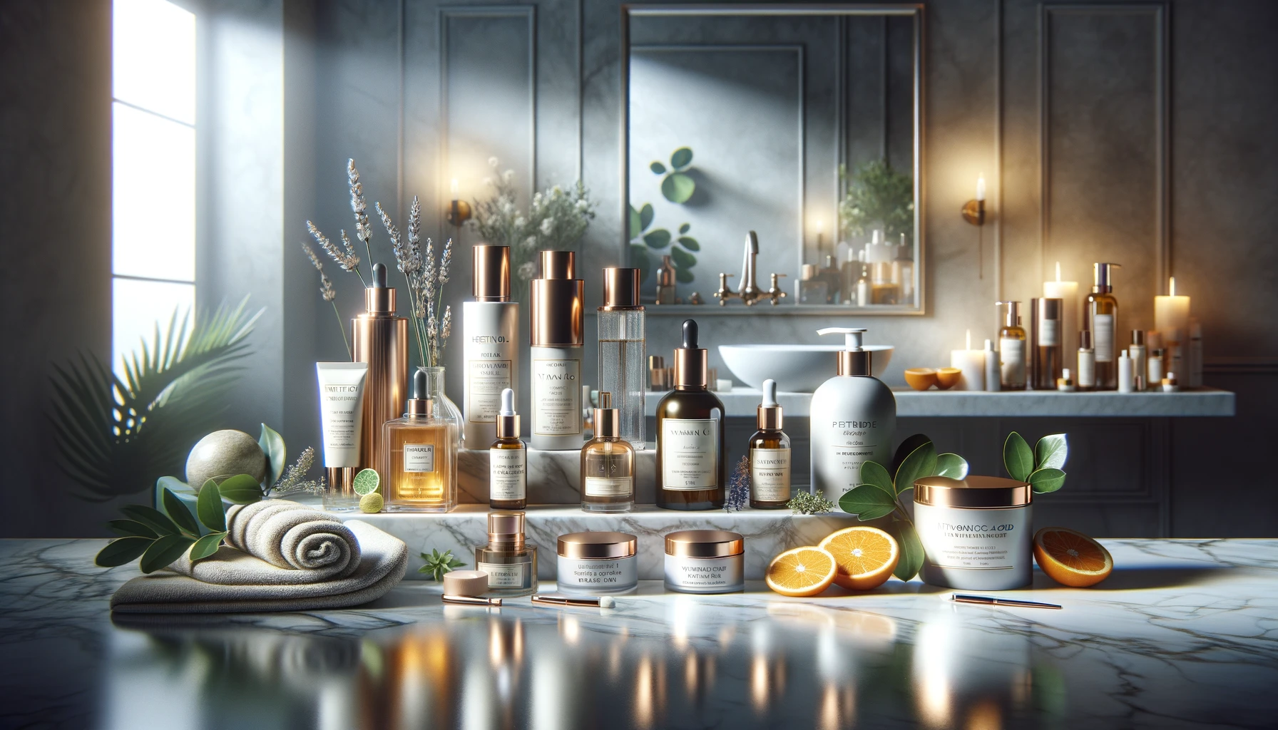 une salle de bains de type spa avec une variété de produits de soins anti-âge haut de gamme disposés sur un comptoir en marbre élégant, entouré d'éléments naturels qui soulignent l'importance des antioxydants et des ingrédients naturels pour une peau jeune.