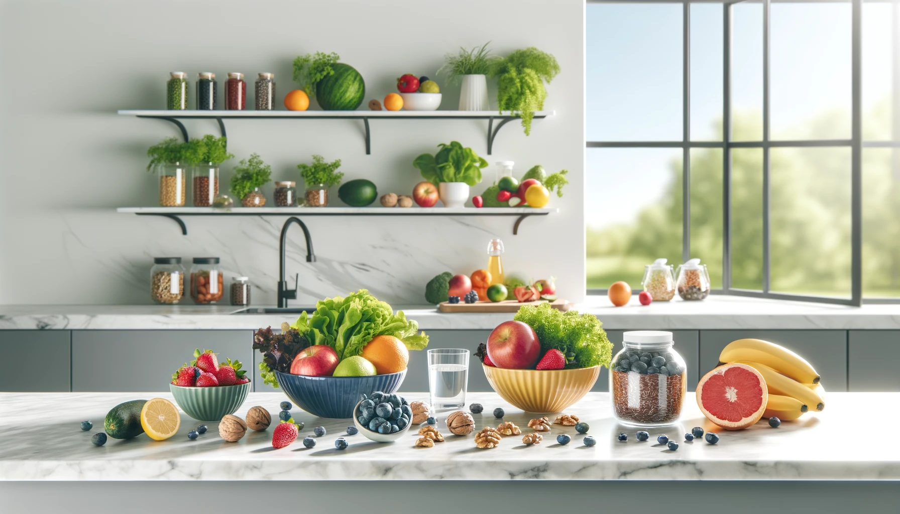 Une cuisine moderne avec une atmosphère lumineuse et aérée, mettant en valeur une variété de fruits frais, de légumes, de noix et de graines sur un élégant comptoir en marbre.