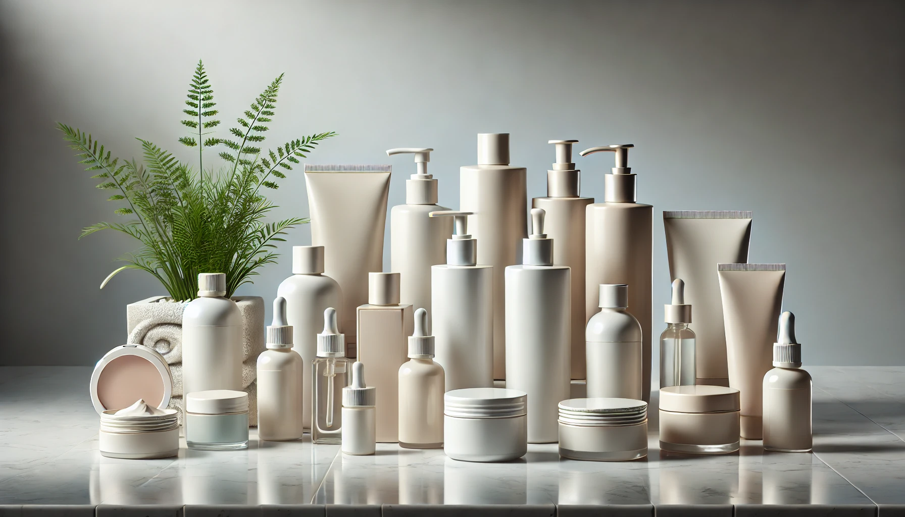 A neat arrangement of plain, minimalist skincare bottles and jars in neutral tones on a modern bathroom countertop, accented by a small potted plant.