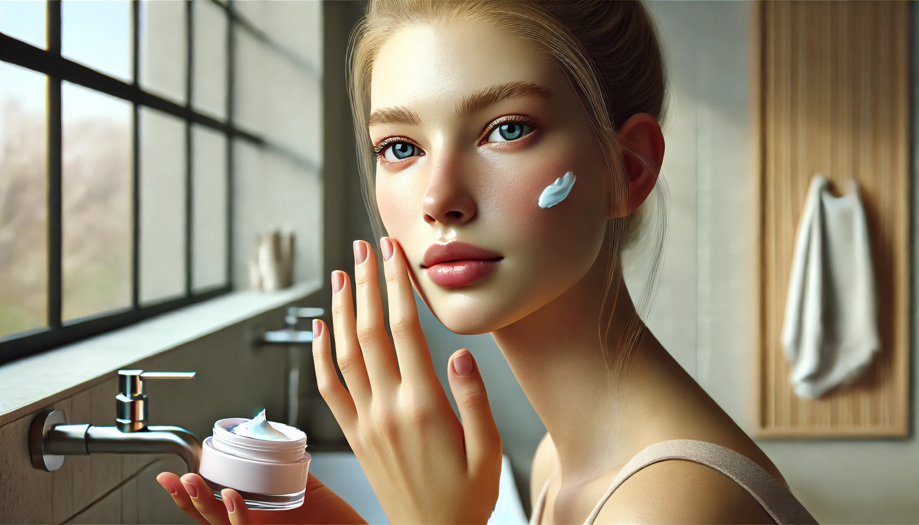 A young woman is seen in a modern, minimalistic bathroom, gently applying cream to her face with a calm and focused expression.