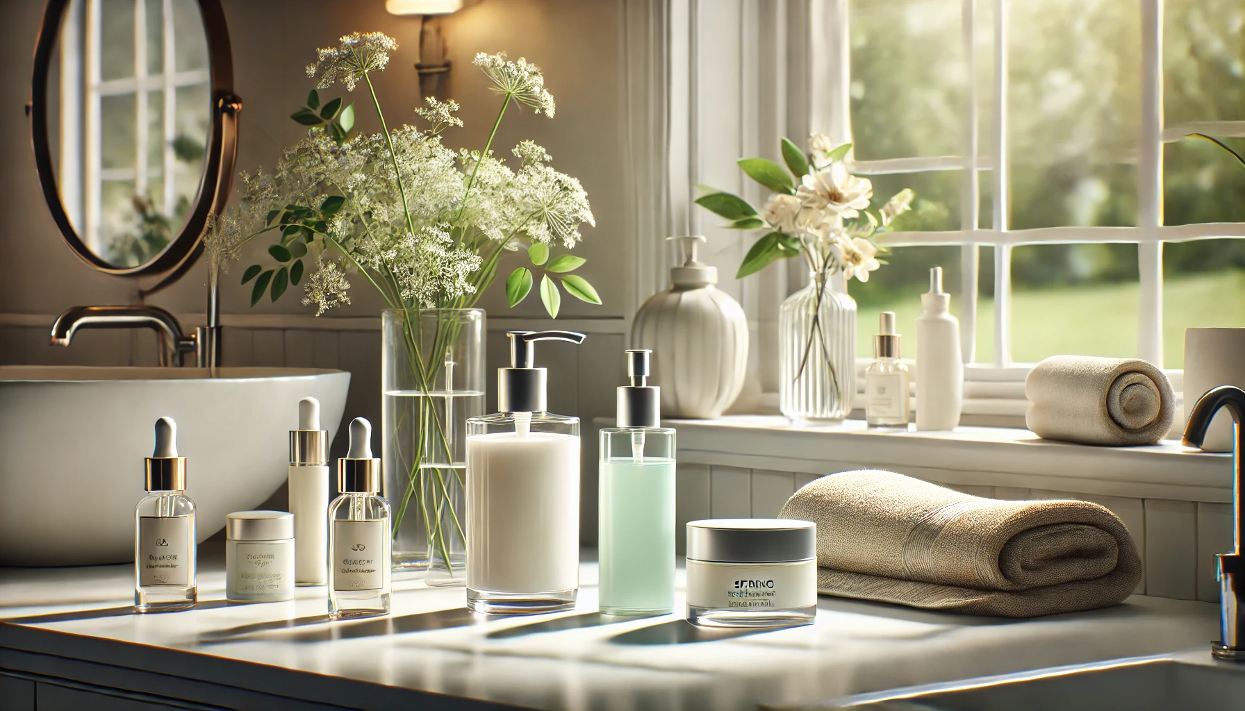 a fresh spring skincare routine. The setting is a well-lit vanity with bright, natural light streaming through a window. 