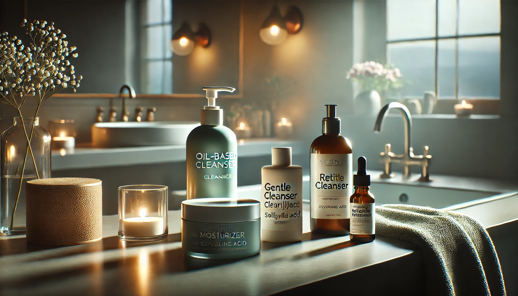 an evening skincare routine for acne-prone skin. The setting is a calm, softly lit bathroom with a focus on nighttime products.