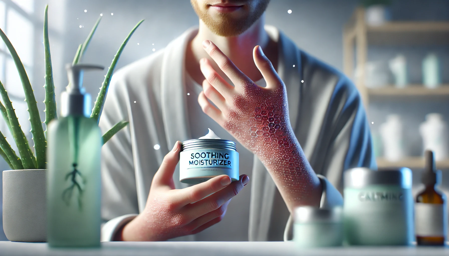 a person applying a soothing moisturizer after experiencing skin irritation. The setting is a well-lit bathroom, with the person gently applying a cream to calm irritated skin.