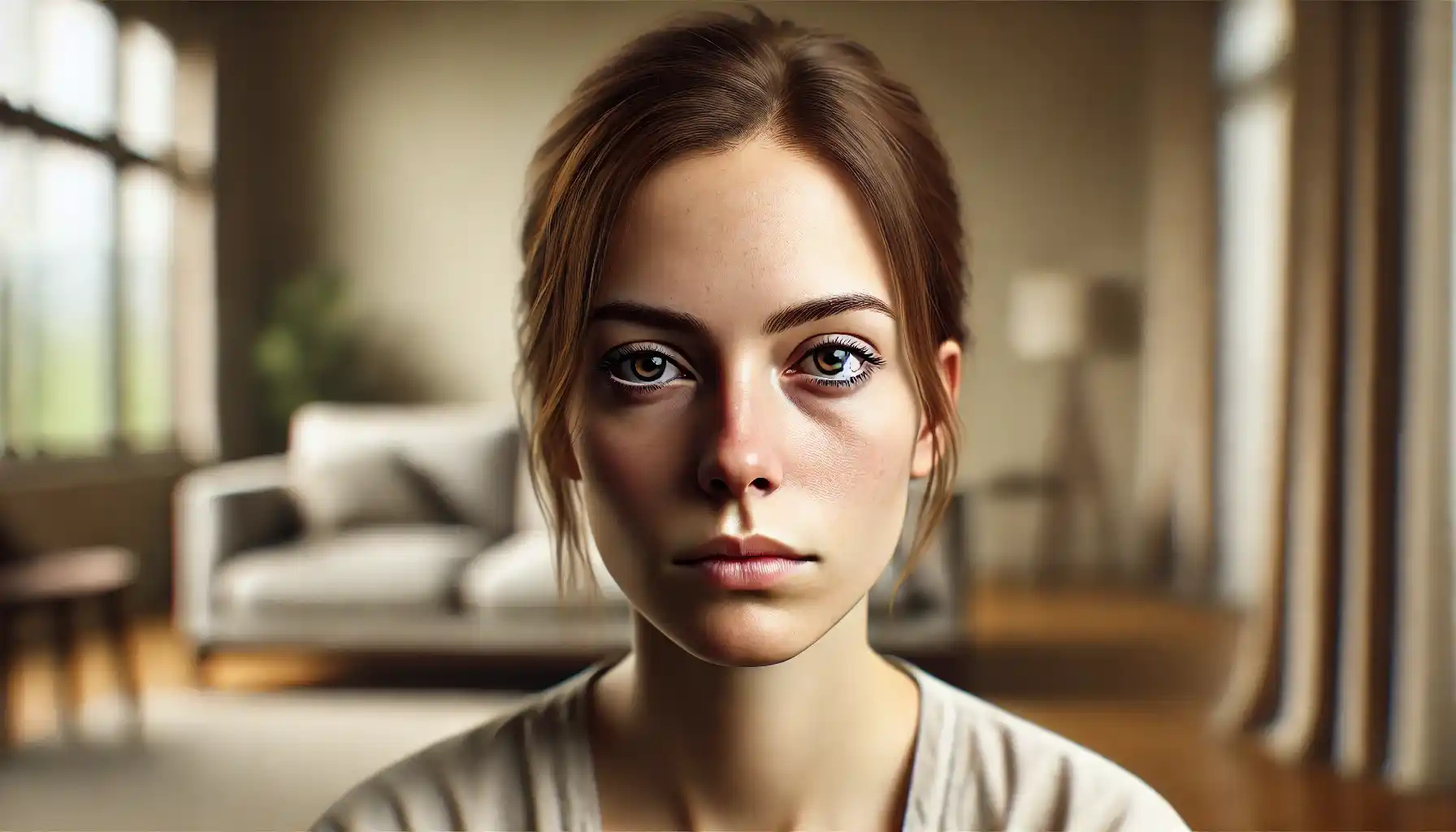A woman with dull skin and a tired expression on her face.