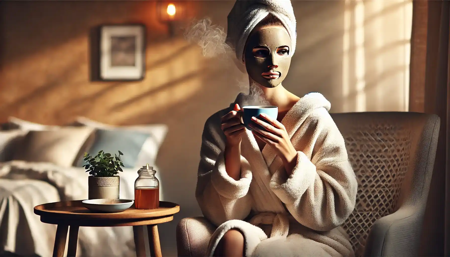 A woman wearing a bathrobe and a clay mask on her face, holding a cup of tea.