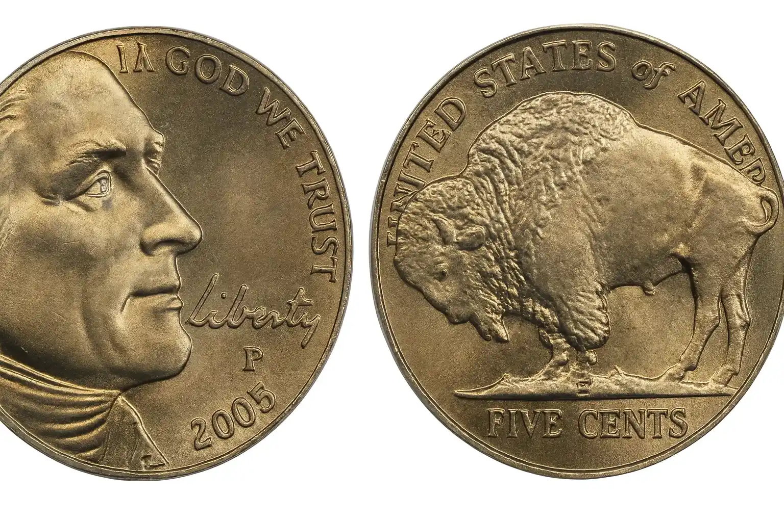A close up of 2005 Buffalo Nickel obverse and reverse.