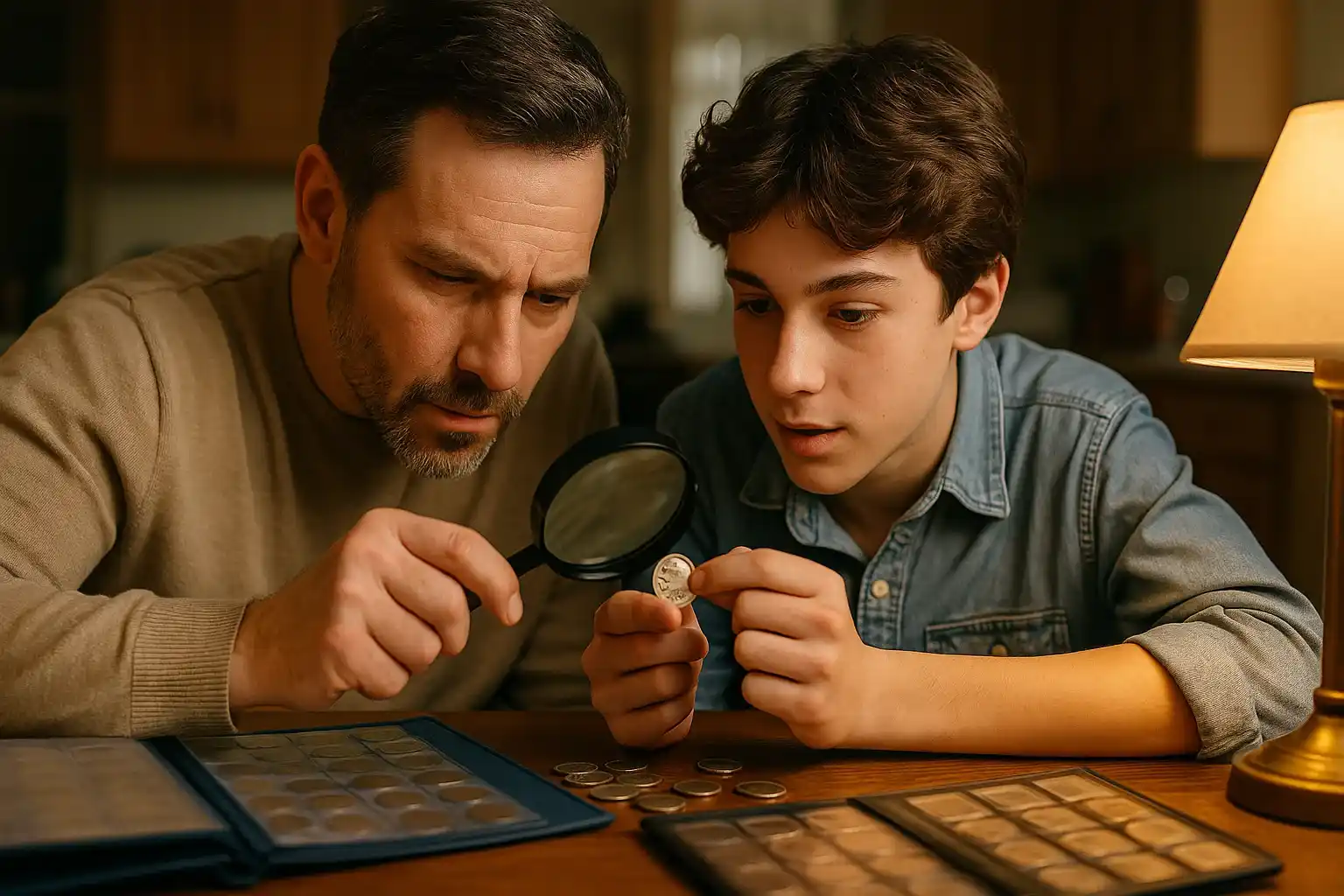 A father and teenage son carefully study a 2005 Buffalo nickel at home, trying to see the details that make a coin special.
