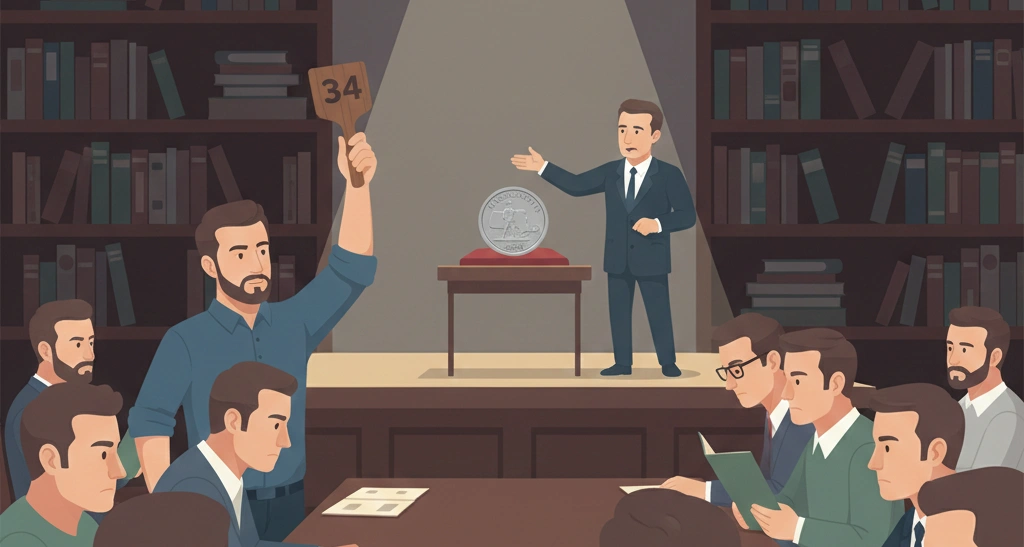 A man at a coin auction raising a bidding paddle for a 2000 Massachusetts quarter displayed under a spotlight