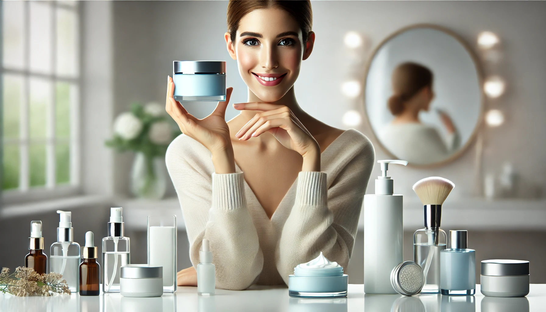 une belle femme à la peau impeccable tenant un contenant de crème hydratante, entourée de divers produits de soin de la peau dans un cadre serein et bien éclairé