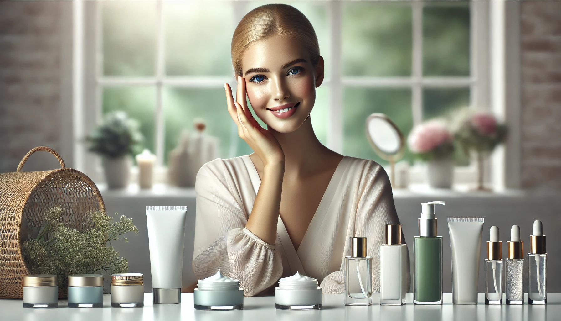 une belle femme à la peau impeccable tenant un contenant de crème hydratante, entourée de divers produits de soin de la peau dans un cadre serein et bien éclairé