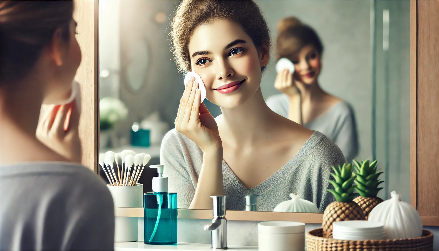 une jolie femme nettoyant son visage avec un coton devant un miroir