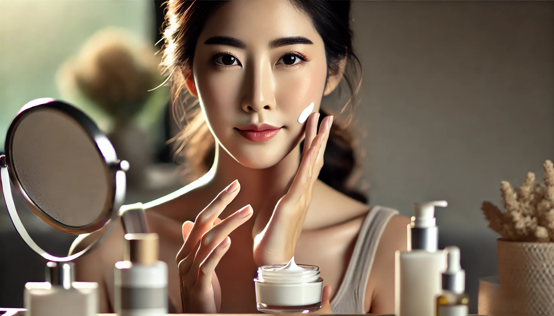 une jolie femme asiatique appliquant une crème pour le visage chez elle