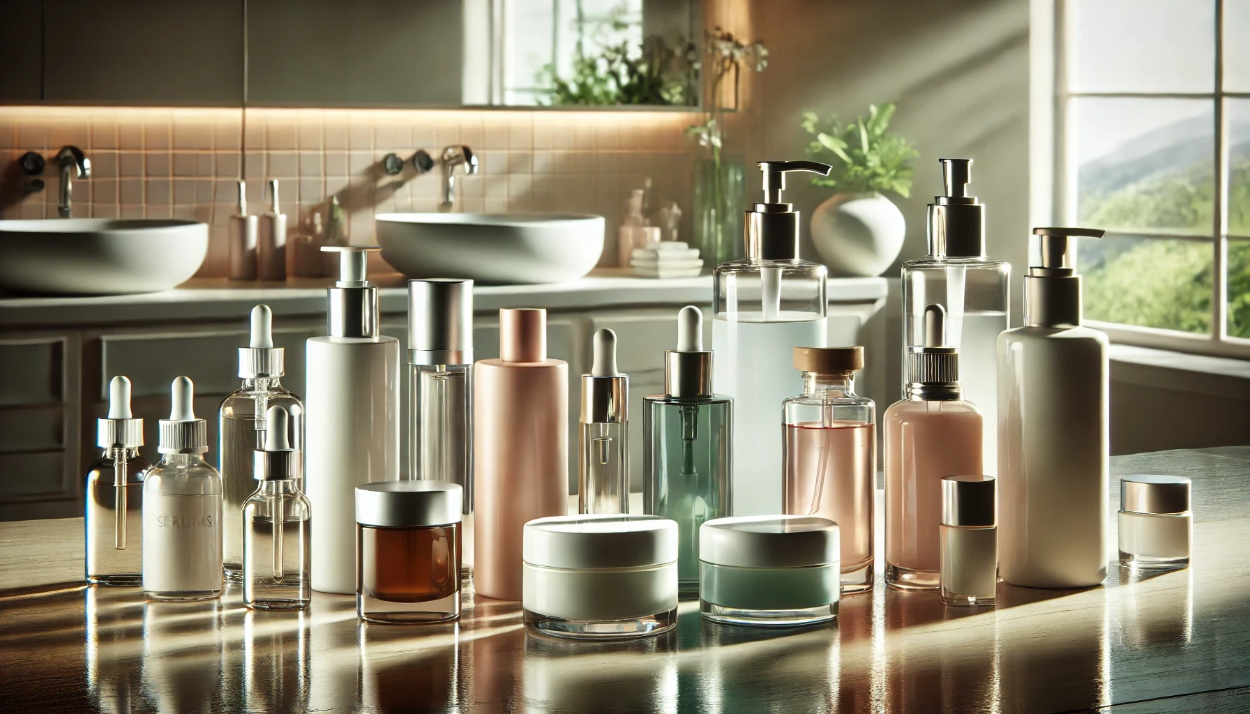 a diverse group of skincare products on a sleek, modern bathroom counter.