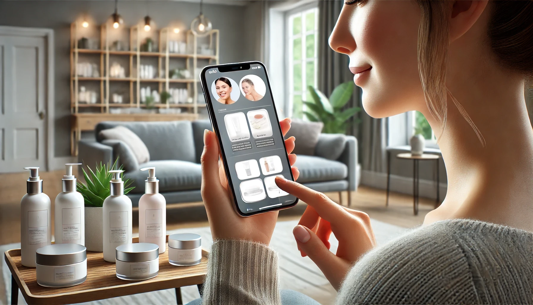 a woman using a modern mobile app to choose skincare products.